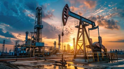 Poster - An oil pump in a field at sunset, suitable for energy industry concepts