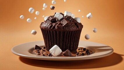 Wall Mural - Tasty delicious chocolate muffin cupcake with chocolate chips and marshmallows on orange background on a plate. Beautiful food meal photography illustration wallpaper advertisement shot.