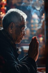 Aufkleber - Elderly man praying in front of a window, suitable for religious and spiritual concepts
