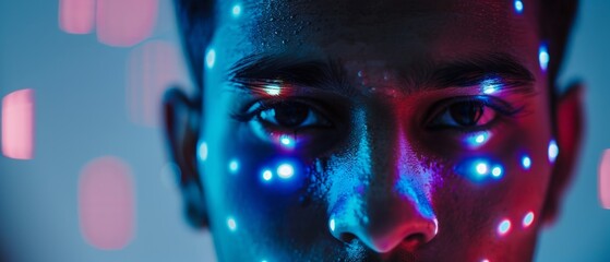 Poster - Futuristic Concept: Projector identifies individuals by illuminating faces with dots, and scanning with lasers. Indian man is identified through biometric facial recognition.