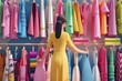 A woman standing in front of a rack of clothes. Suitable for fashion or retail concept