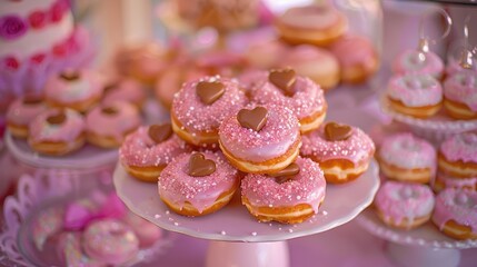 Canvas Print - On Donut Day the table was adorned with an array of freshly baked donuts coated in a delightful assortment of pink hues topped with caramel hearts and elegantly wrapped in lilac paper