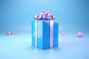 Sticker - Present   box with a big bow with a gift on a  blue background. Gift wrap. 3D illustration, created by ai