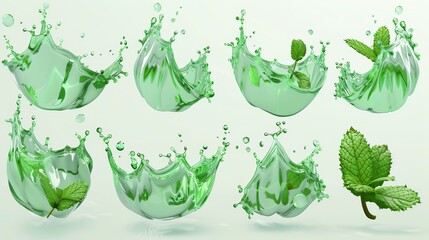 Wall Mural - Animated splash of water with menthol and mint leaves. Motion of spearmint and droplets in pure liquid, isolated hydration elements, drink advertisement on transparent background. Realistic modern