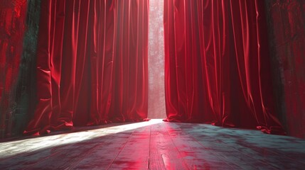 Poster - A room with red curtains and a beam of light shining through. Suitable for various design projects
