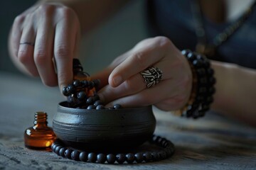 Poster - A woman putting a bottle of essential oil into a bowl. Ideal for wellness and aromatherapy concepts