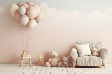 Interior of a children's room with a sofe and a bear in beige   tones,  generated by AI