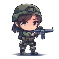 Canvas Print - The cute soldier It is wearing tactical gear including a helmet with goggles and ear protection or communication devices attached and hold guns