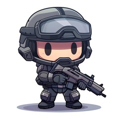 Wall Mural - The cute soldier It is wearing tactical gear including a helmet with goggles and ear protection or communication devices attached and hold guns