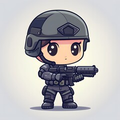 Wall Mural - The cute soldier It is wearing tactical gear including a helmet with goggles and ear protection or communication devices attached and hold guns