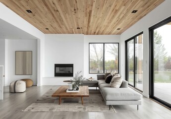 Sticker - A minimalist living room with a wooden ceiling, white walls and a grey sofa, featuring natural light and large windows