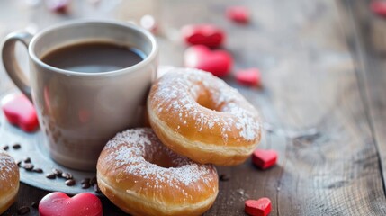 Canvas Print - Indulge in delightful heart shaped donuts paired perfectly with a piping hot cup of coffee