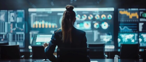 Poster - The image shows a female analyst presenting to a board of directors, lawyers, and investors on a digital interactive whiteboard. The screen shows graphs showing company growth over time.