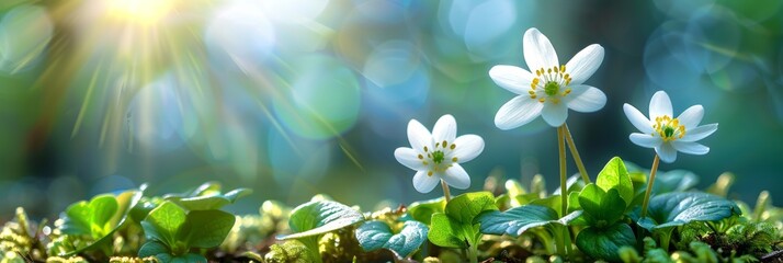 Wall Mural - A white flower with green leaves and sunlight.