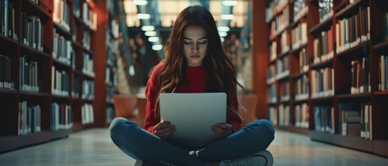 Poster - Students studying in the University Library: A smart, beautiful Caucasian girl uses a laptop, pens notes for a paper, writes an essay, studies for class assignments.