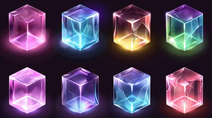 Poster - Cubes in various angles glowing with neon light, a clear square box, a crystal block, an aquarium or exhibit podium, isolated glossy geometric objects, modern illustration in realistic 3D.