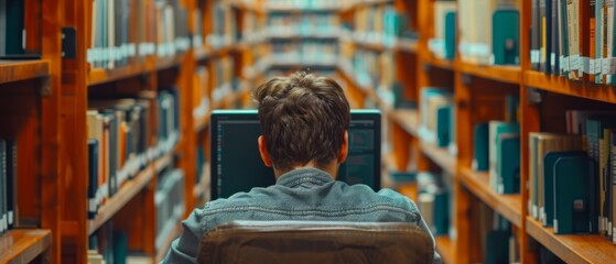 Poster - in a library, a bright student spends the afternoon working, doing research for class assignments, s