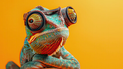 colorful chameleon or lizard wearing goggles or glasses on vibrant yellow background with space for text , cards, banners, portraits 