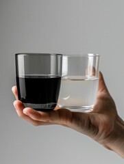 Wall Mural - A hand holding two glasses of water, one of which is black. The black water is in a glass that is half full, while the other glass is half empty