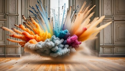 Wall Mural - capturing vibrant particles bursting outward from a central point, radiating dynamic energy and move