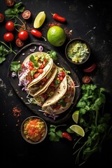 Wall Mural - A plate of three tacos with a side of lime and tomatoes. The plate is set on a black background