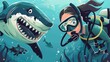 Scuba diver and angry shark underwater in the sea or ocean. Modern illustration of an underwater landscape with aggressive fish with pointed teeth and a diving suit.