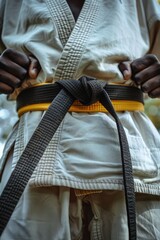 Wall Mural - A person wearing a white uniform and a black belt. The belt is tied in a knot