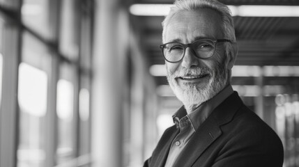 A man with glasses is smiling and posing for a picture. He is wearing a suit and tie, and his hair is gray. Concept of confidence and professionalism, as the man is dressed in formal attire