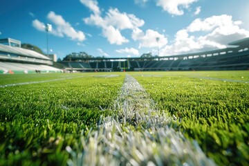 Wall Mural - A football field with a white line down the middle. The field is green and the sky is blue