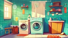 Various Scenes Of Clean And Dirty Laundry With Equipment And Furniture. Washing Machine With Dirty Stained Linen, Shelf For Towels And Detergents. Cartoon Modern Illustration.