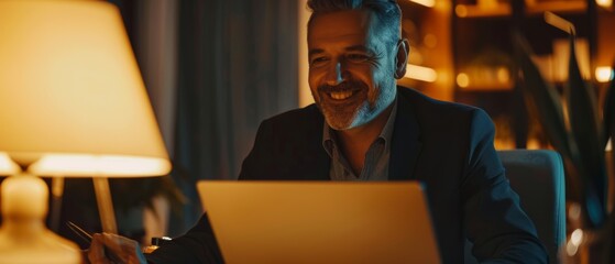 Poster - Businessman sitting at his desk and working on laptop. He is talking with young colleague. They both smile and have fun. Stylish office late at night.