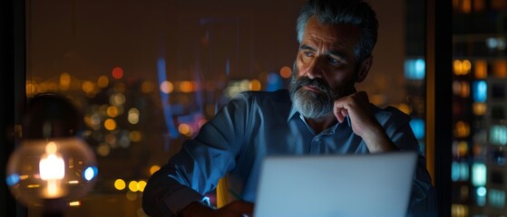 Wall Mural - Middle-aged handsome businessman using laptop computer in home office, studio with window view of city at night.