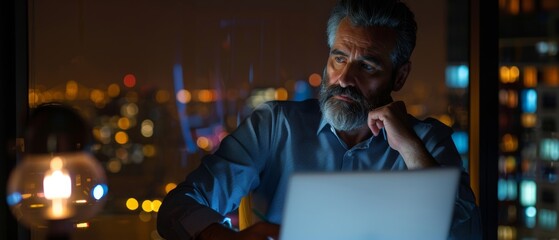 Sticker - Middle-aged handsome businessman using laptop computer in home office, studio with window view of city at night.