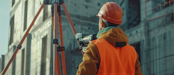 Poster - Worker in hard hat making projections for the building on construction site using theodolite surveying optical instrument.