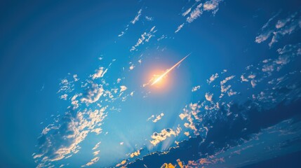 Sticker - During the daytime a dazzling meteor lights up the blue sky resembling a fiery ball as it streaks across the clouds in the sunlight