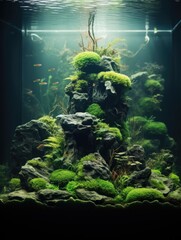 Wall Mural - A small aquarium with a rock formation and plants. The plants are green and the rocks are grey. There are fish swimming in the aquarium