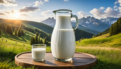 jug of milk on the meadow,milk, glass, jug, drink, dairy, white, food, pitcher, fresh, healthy, 