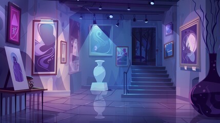 Poster - In a dark room, abstract paintings, sculptures, vases and statues are exhibited with modern artworks. Modern image of exposition with abstract paintings, sculptures, vases and statues at night.