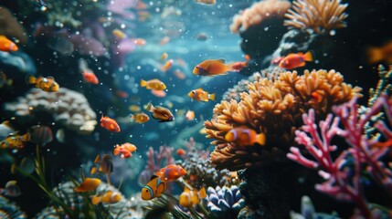 Wall Mural - A colorful coral reef with many fish swimming around it. The fish are of various colors, including orange, yellow, and pink. The coral reef is a vibrant and lively scene, showcasing the beauty