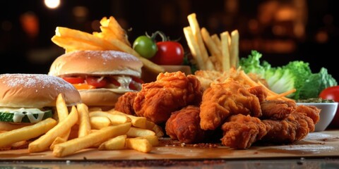 Wall Mural - A table with a variety of food including a burger, fries, and chicken wings. Scene is casual and inviting, as it is a buffet-style meal