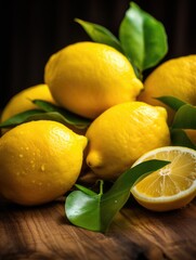 Wall Mural - A bunch of lemons with green leaves on top of a wooden table. The lemons are yellow and appear to be fresh