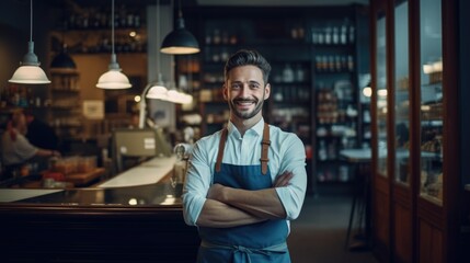 Poster - A man in a blue apron stands in a restaurant with a smile on his face. He is wearing an apron and has his arms crossed