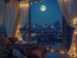 Wall Mural - A bedroom with a large window overlooking a city at night. The curtains are drawn, and the room is lit by a moon and city lights