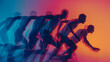 An illustration of runners in motion, depicted with a gradient from blue to orange, emphasizing speed and the energy of competitive sports