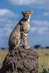Wall Mural - a cheetah is sitting on a rock in the wild. the sky is blue and there are some clouds in the backgro
