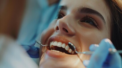 Wall Mural - A woman is getting her teeth cleaned by a dentist. She is smiling and she is in good spirits