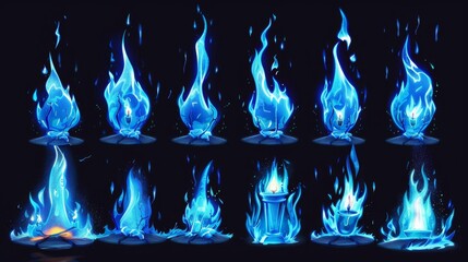 Wall Mural - The flames of a bonfire on a torch, candle or bonfire on a black background. Modern animation sprite sheet for 2D animation or video games.