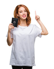 Wall Mural - Young beautiful woman holding passport of united states of america over isolated background surprised with an idea or question pointing finger with happy face, number one