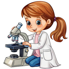 girl in a science lab coat with a microscope die cut png style isolated on white and transparent bac