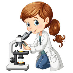 Wall Mural - girl in a science lab coat with a microscope die cut png style isolated on white and transparent bac